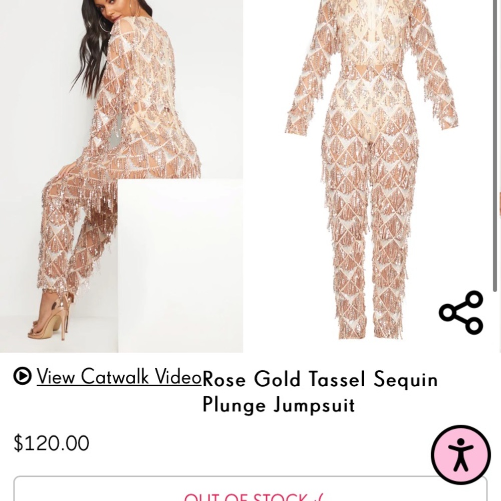 Pretty Little Thing Rose Gold Tassel Sequin Plunge Jumpsuit Size 6